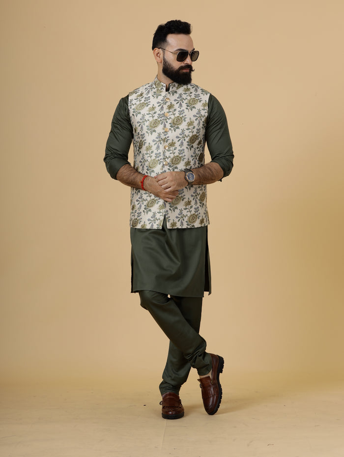 Olive Green Kurta Pajama Set With Banarasi Embroidery Fawn Color Nehru Jacket