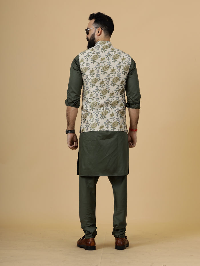 Olive Green Kurta Pajama Set With Banarasi Embroidery Fawn Color Nehru Jacket