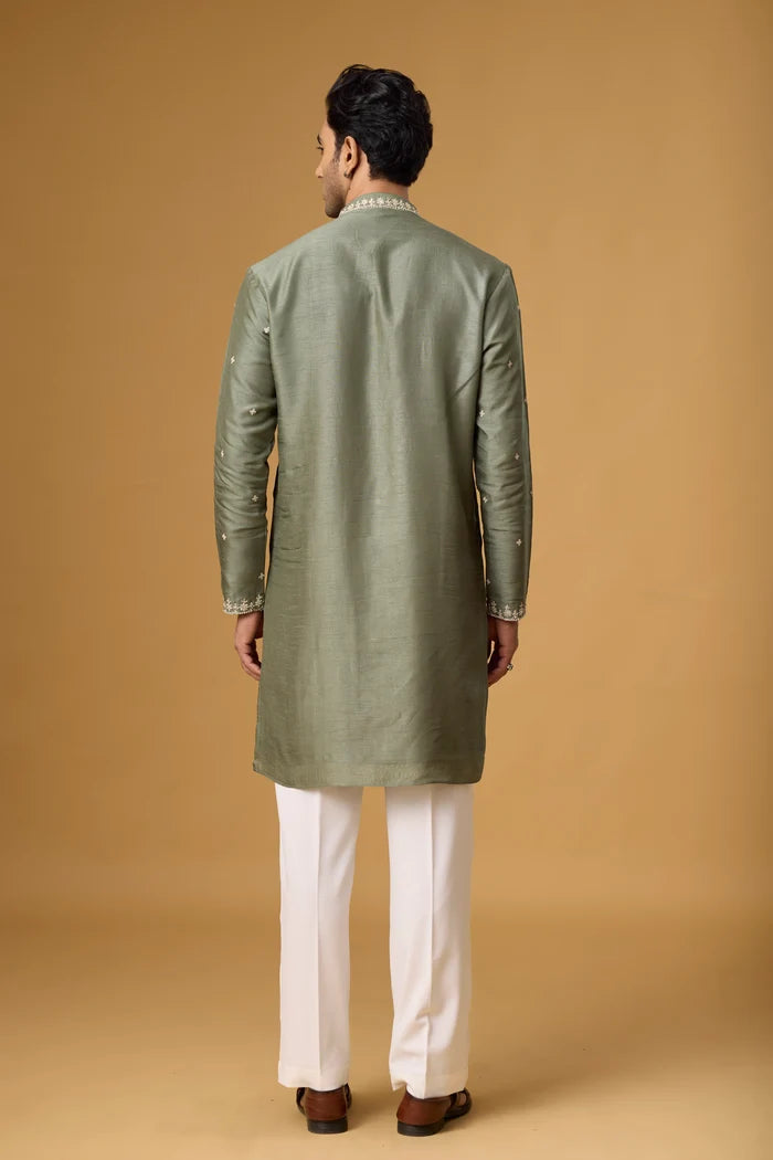 Designer Olive Embroidered Ethnic Kurta Set – Side View | Mahavir NX