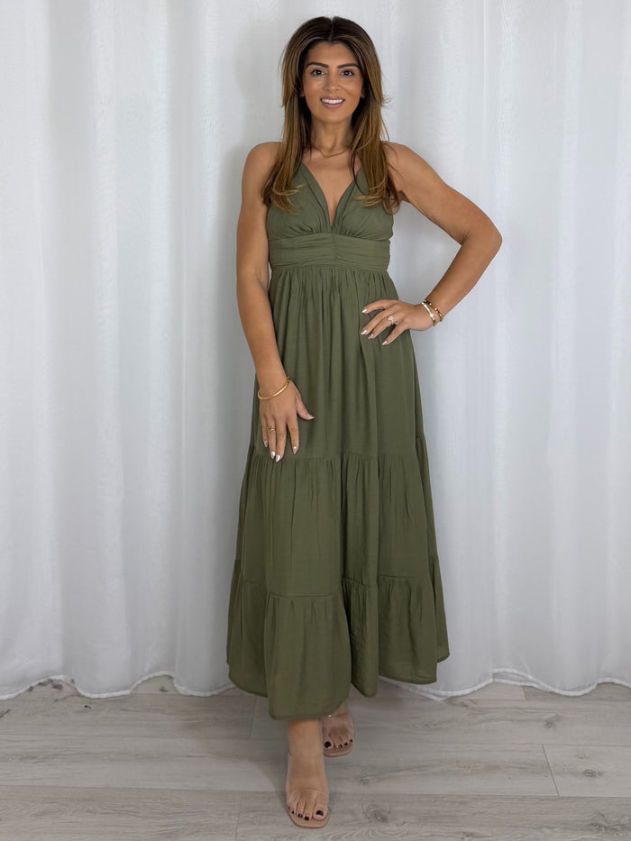 Open Back Tiered Skirt V-Neck Dress (4 Colours)