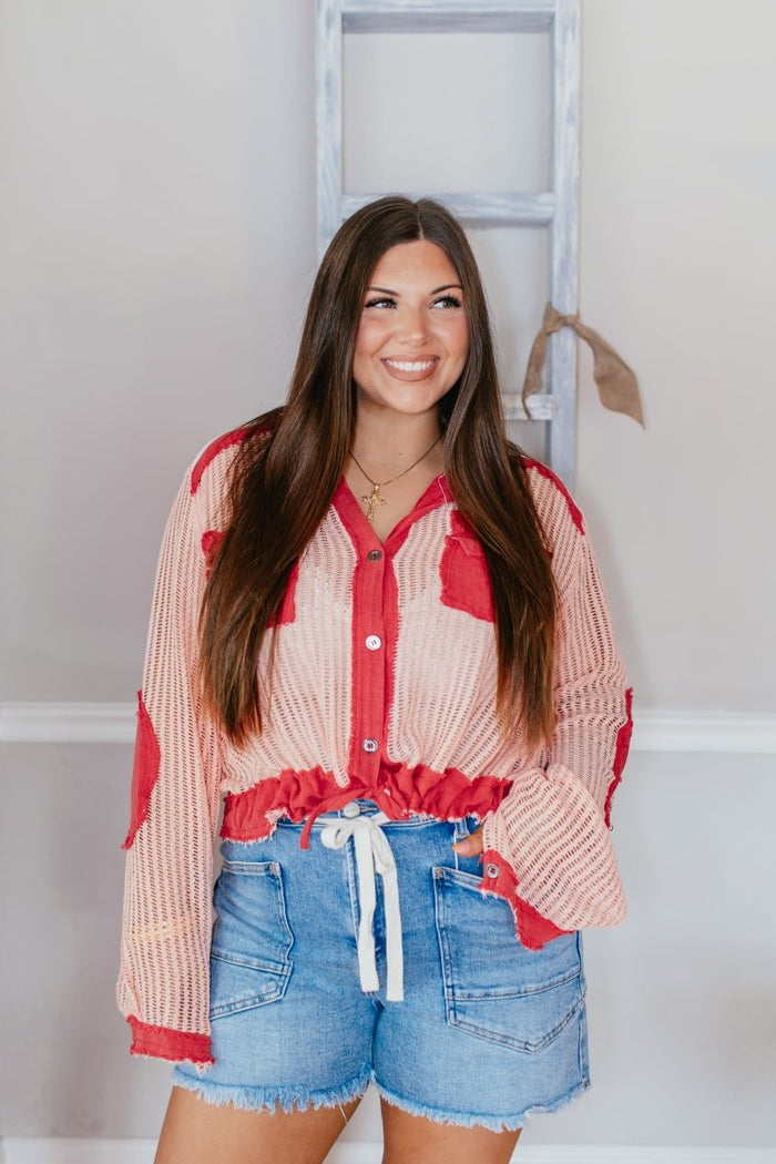Open Knit Conversation Top In Blush Red Multi - Macoma Boutique120 Long Sleeve