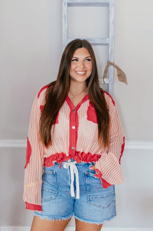 Open Knit Conversation Top In Blush Red Multi - Macoma Boutique120 Long Sleeve