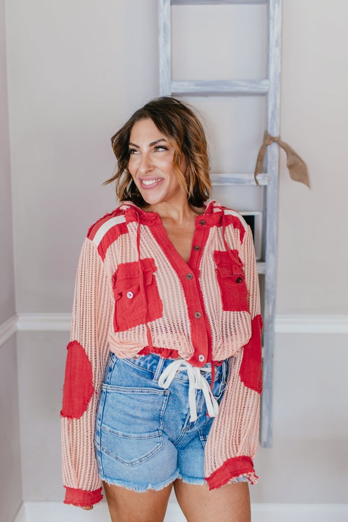 Open Knit Conversation Top In Blush Red Multi - Macoma Boutique120 Long Sleeve