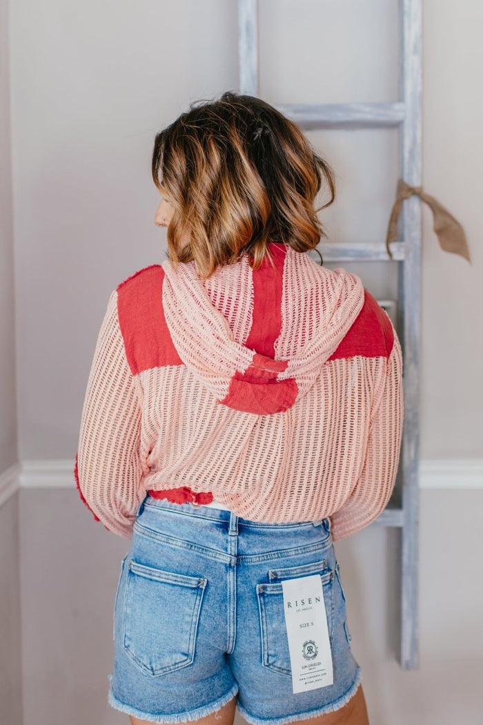 Open Knit Conversation Top In Blush Red Multi - Macoma Boutique120 Long Sleeve