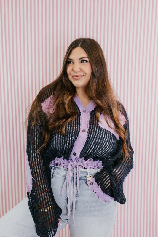 Open Knit Conversation Top In Indigo Purple Multi - Macoma Boutique120 Long Sleeve