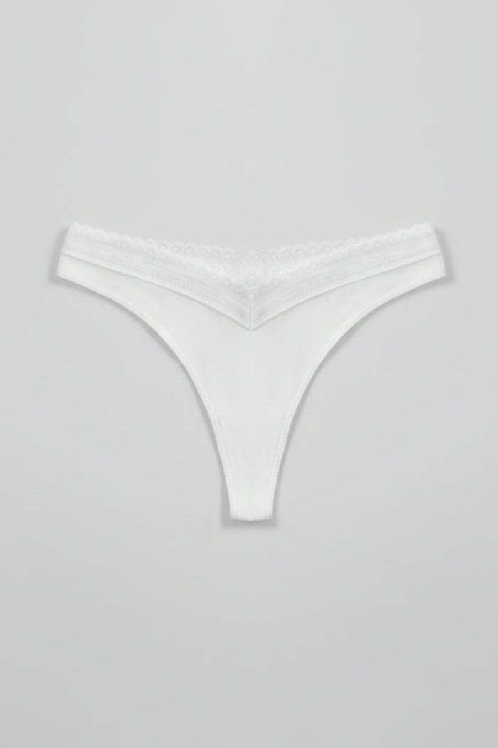 Organic Cotton Lace Thong - Siella - Color: White Blanc