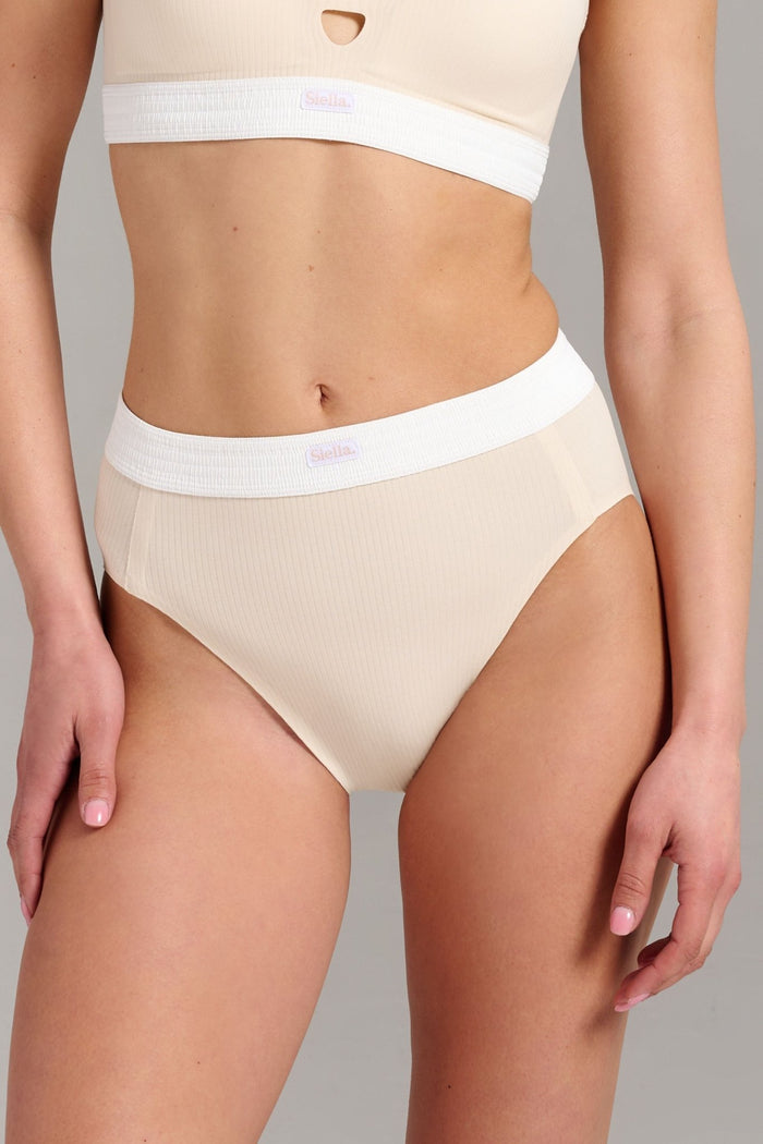 Organic Cotton Rib High Waist Brief - Siella - Color: Whisper Beige Beige murmure