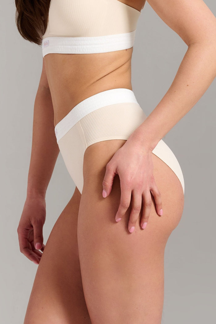 Organic Cotton Rib High Waist Brief - Siella - Color: Whisper Beige Beige murmure