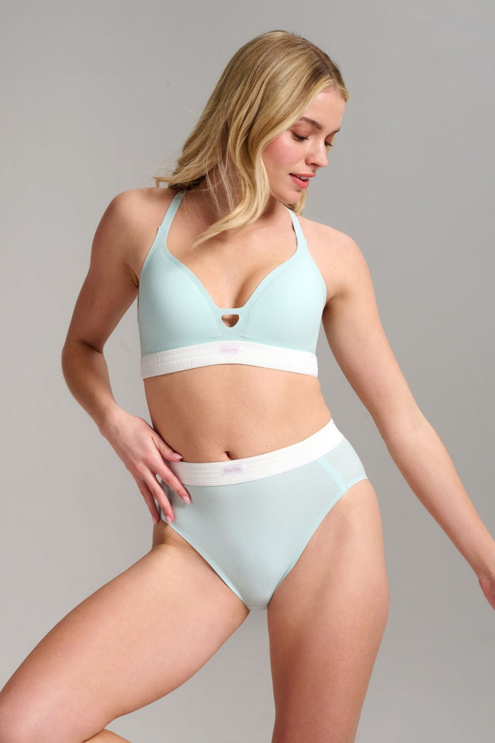 Organic Cotton Rib V-Neck Foam Bra - Siella - Color: Aqua Mist Aqua