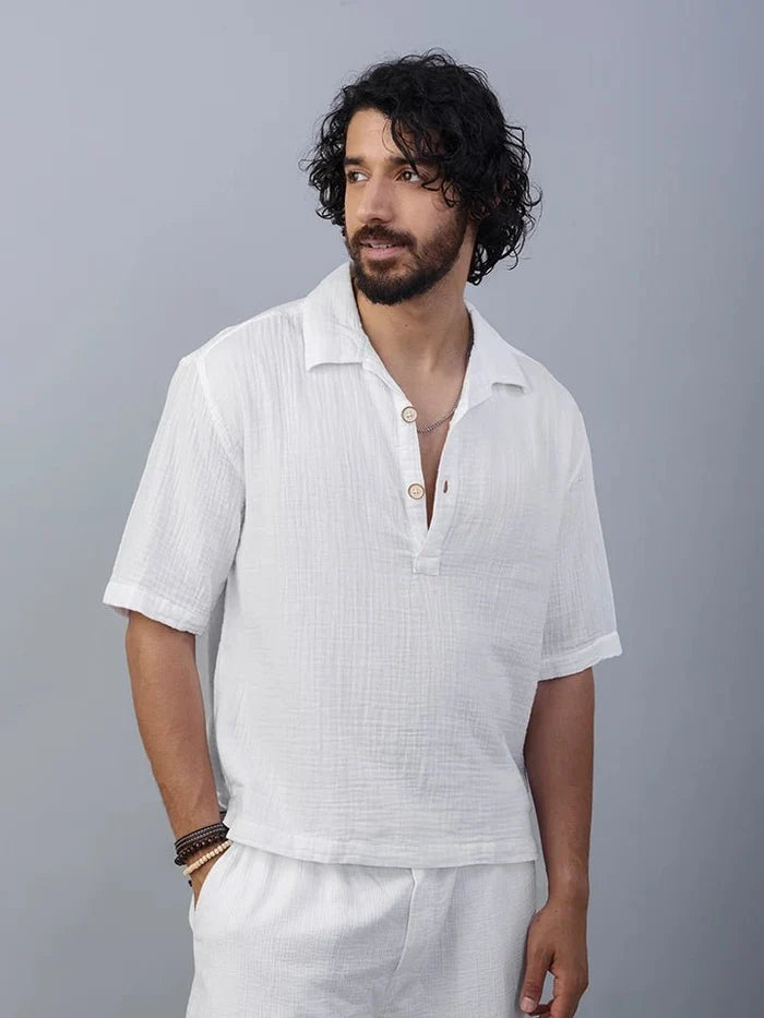 Cuban collar double fabric cotton half sleeve white shirt - overrule