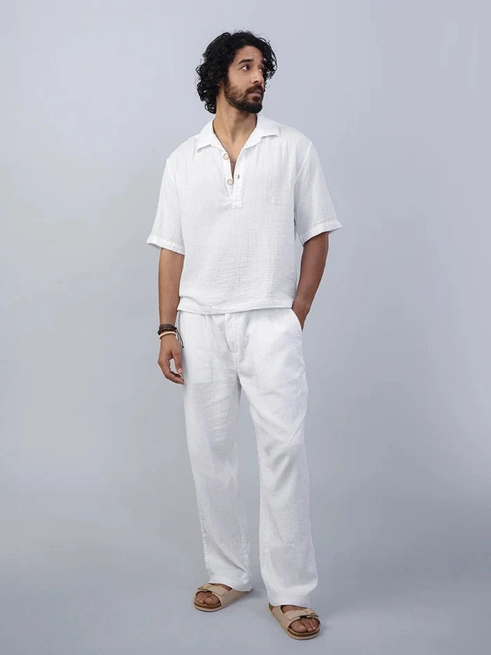Cuban collar double fabric cotton half sleeve white shirt - overrule