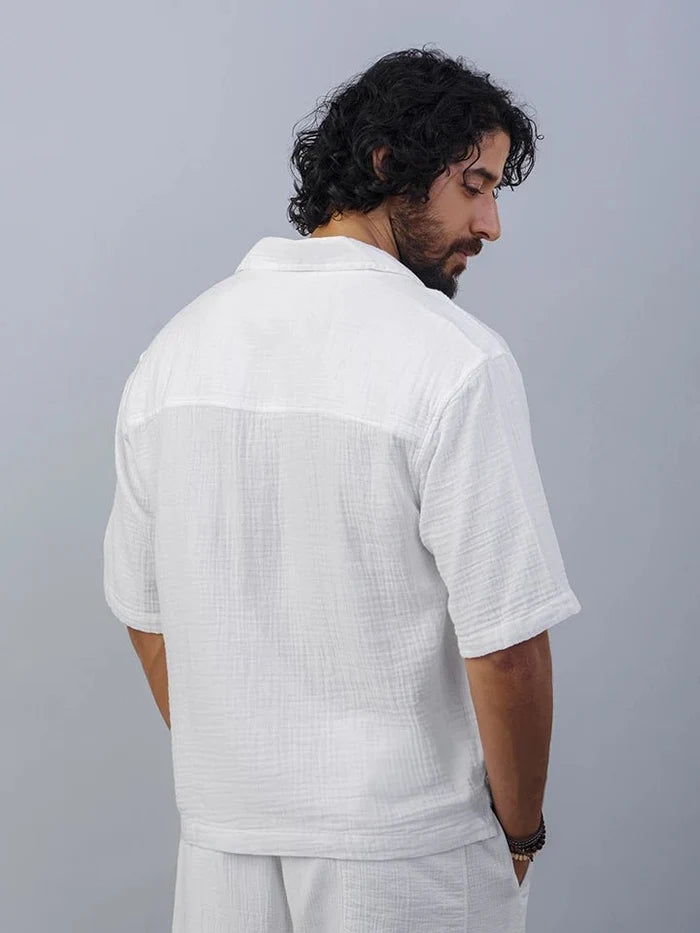 Cuban collar double fabric cotton half sleeve white shirt - overrule