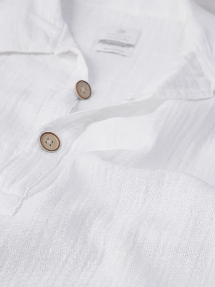 Cuban collar double fabric cotton half sleeve white shirt - overrule