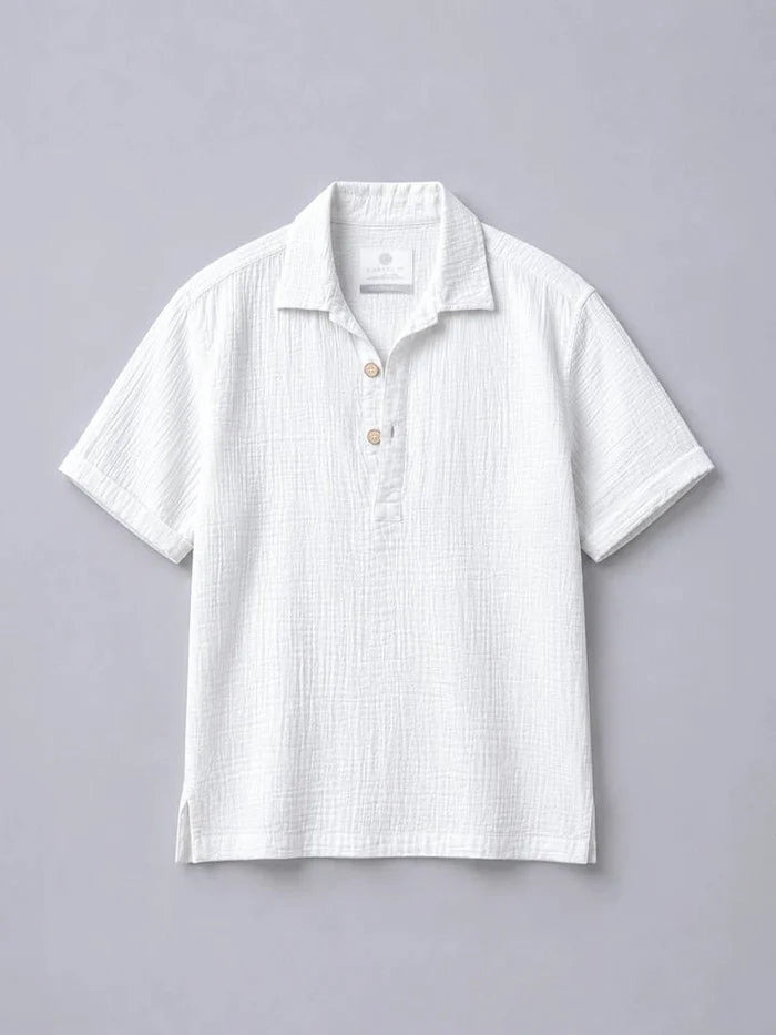 Cuban collar double fabric cotton half sleeve white shirt - overrule
