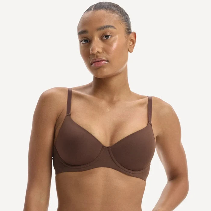 Model wearing the Padded Flexiwire Bra in chocolate brown, front view