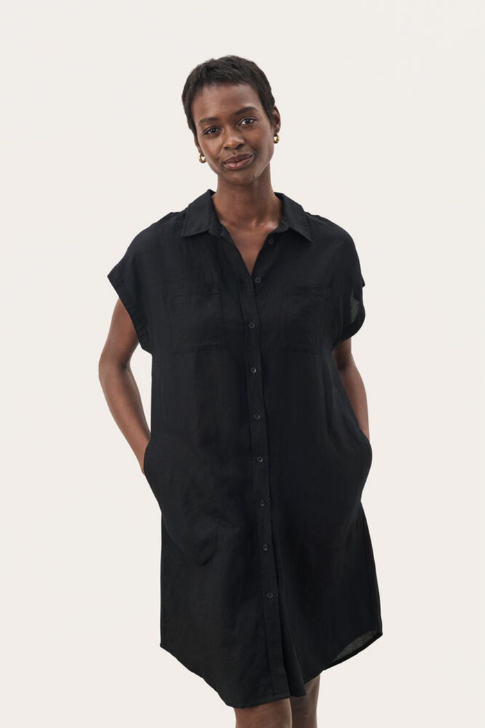 Timeless black linen shirt dress by Part Two. Lightweight, breathable and easy to style for summer days and holidays.