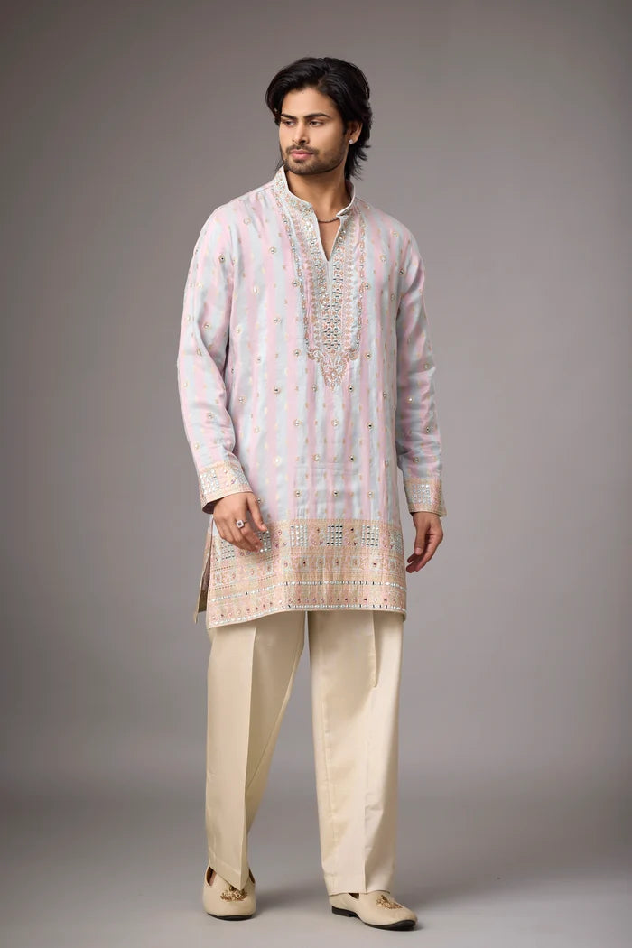 Pastel Rose Zari Motif Kurta Set for Men | Mahavir NX