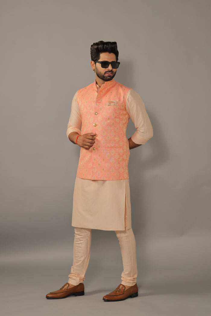 Peach Kurta Pajama Set With Amber Peach Banarasi Nehru Jacket