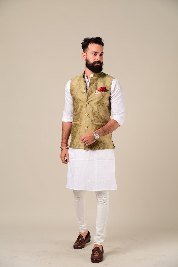 Pebble Gold Brocade Half Jacket With Kurta Pajama