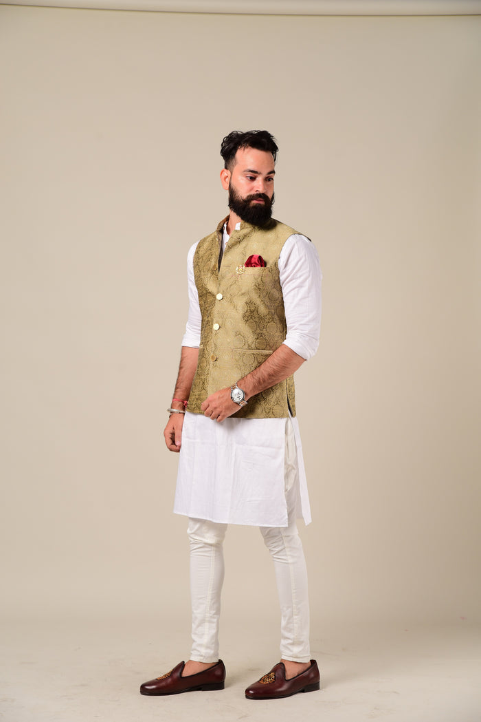 Pebble Gold Brocade Half Jacket With Kurta Pajama