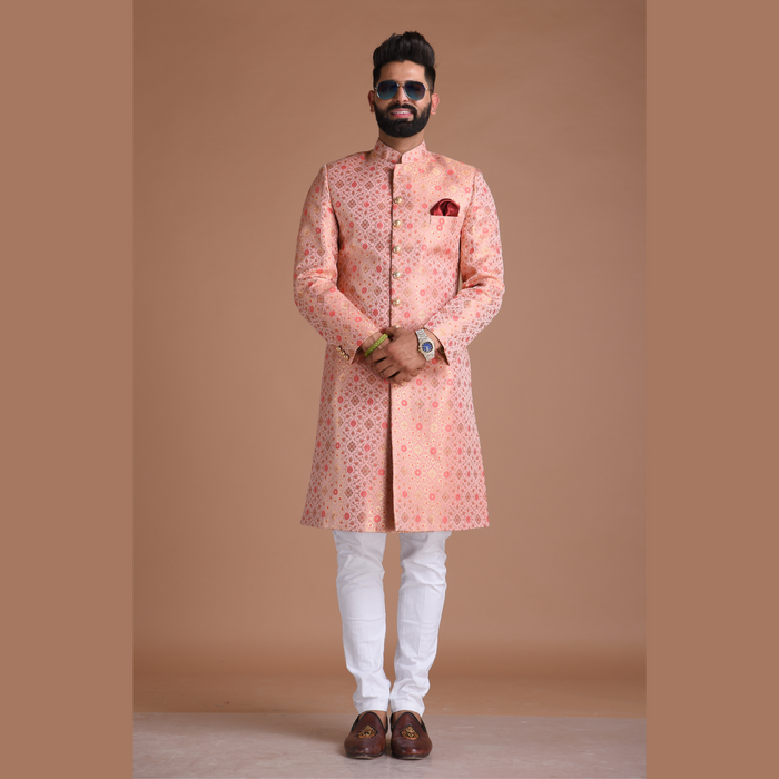 Pink Brocade Silk Royal Meenakari Print Sherwani