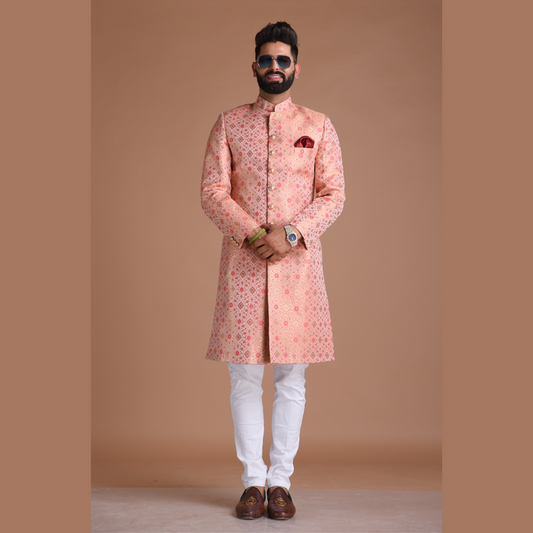 Pink Brocade Silk Royal Meenakari Print Sherwani
