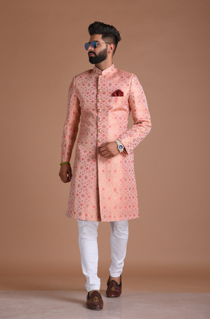 Pink Brocade Silk Royal Meenakari Print Sherwani