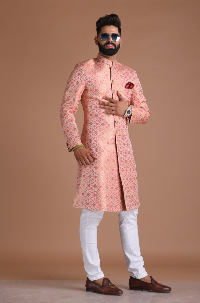 Pink Brocade Silk Royal Meenakari Print Sherwani