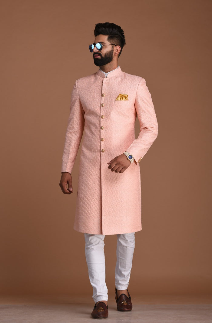 Pink Color Royal Club Pattern Brocade Silk Sherwani