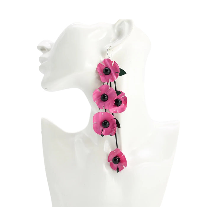 Plastic Bottles Dangle Poppy With Green Leaf Earrings - Pink