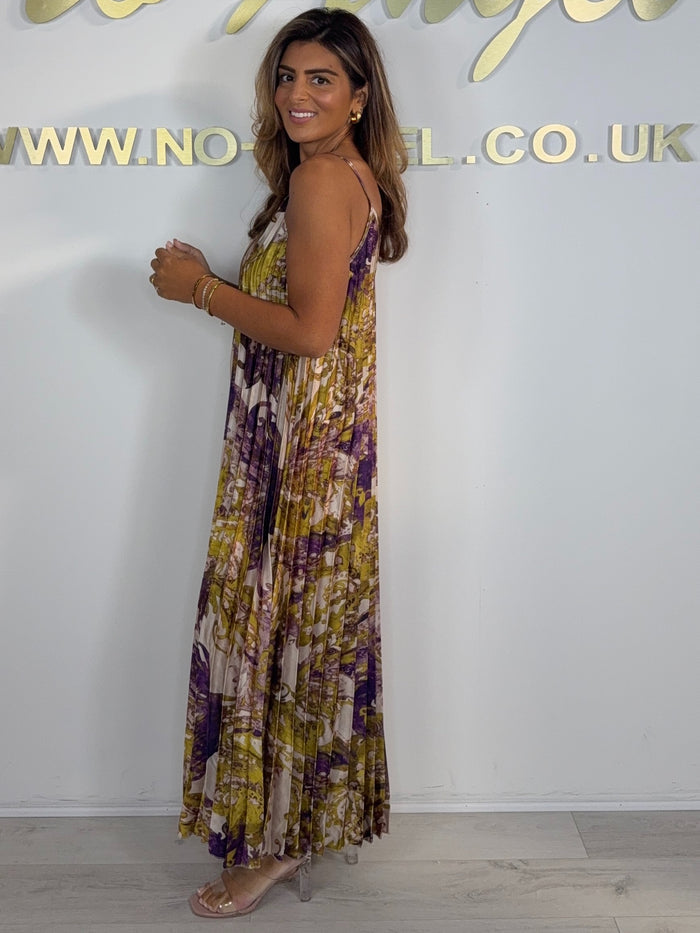 Pleated Printed Spaghetti Strap Maxi Dress (3 Colours)