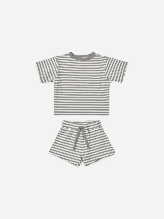Quincy Mae Boxy Pocket Tee and Short Set - Lagoon Stripe