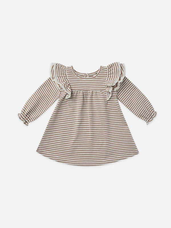 Quincy Mae Long Sleeve Flutter Dress- Cocoa Stripe