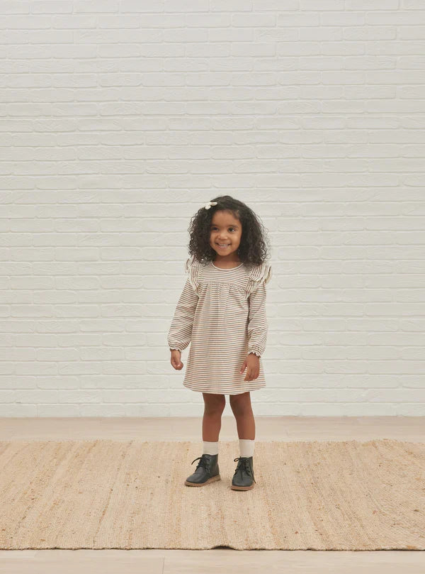 Quincy Mae Long Sleeve Flutter Dress- Cocoa Stripe