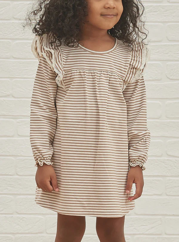 Quincy Mae Long Sleeve Flutter Dress- Cocoa Stripe
