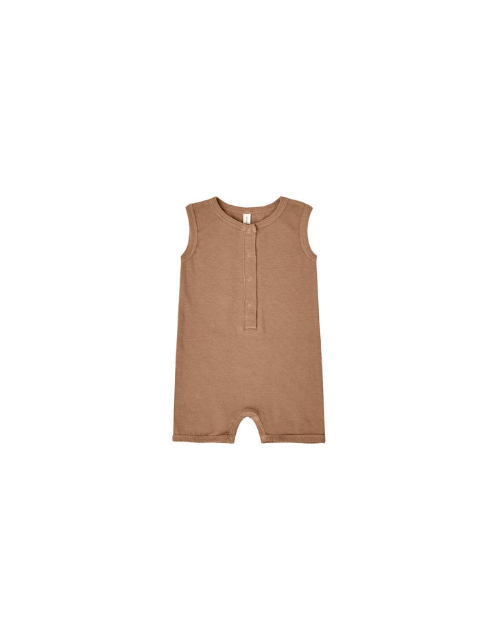 Quincy Mae Ribbed Henley Romper - Clay