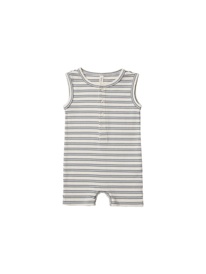 Quincy Mae Ribbed Henley Romper - Ocean Stripe
