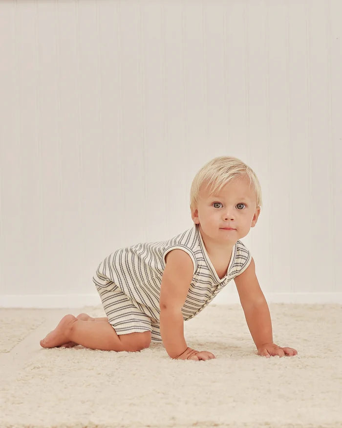 Quincy Mae Ribbed Henley Romper - Ocean Stripe
