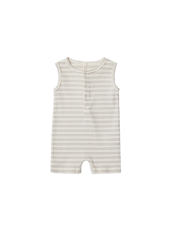Quincy Mae Ribbed Henley Romper - Silver Stripe