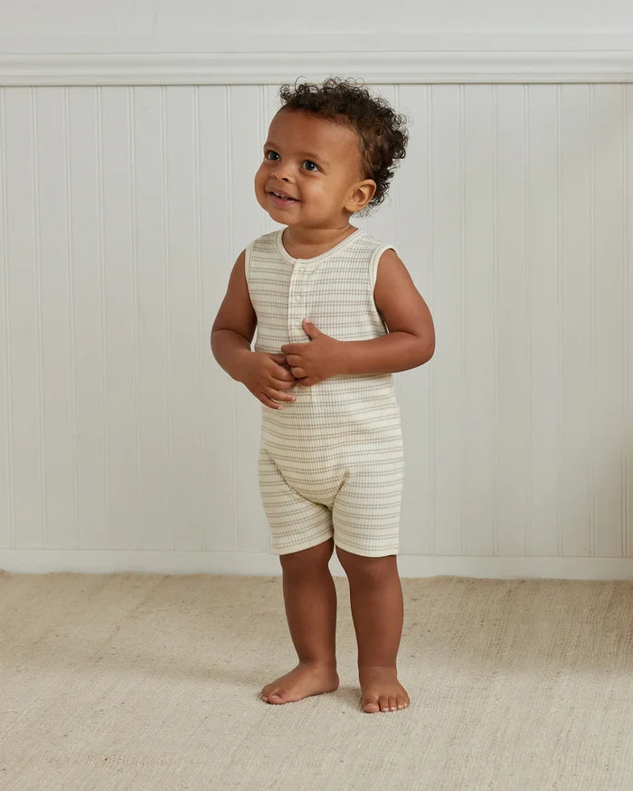 Quincy Mae Ribbed Henley Romper - Silver Stripe