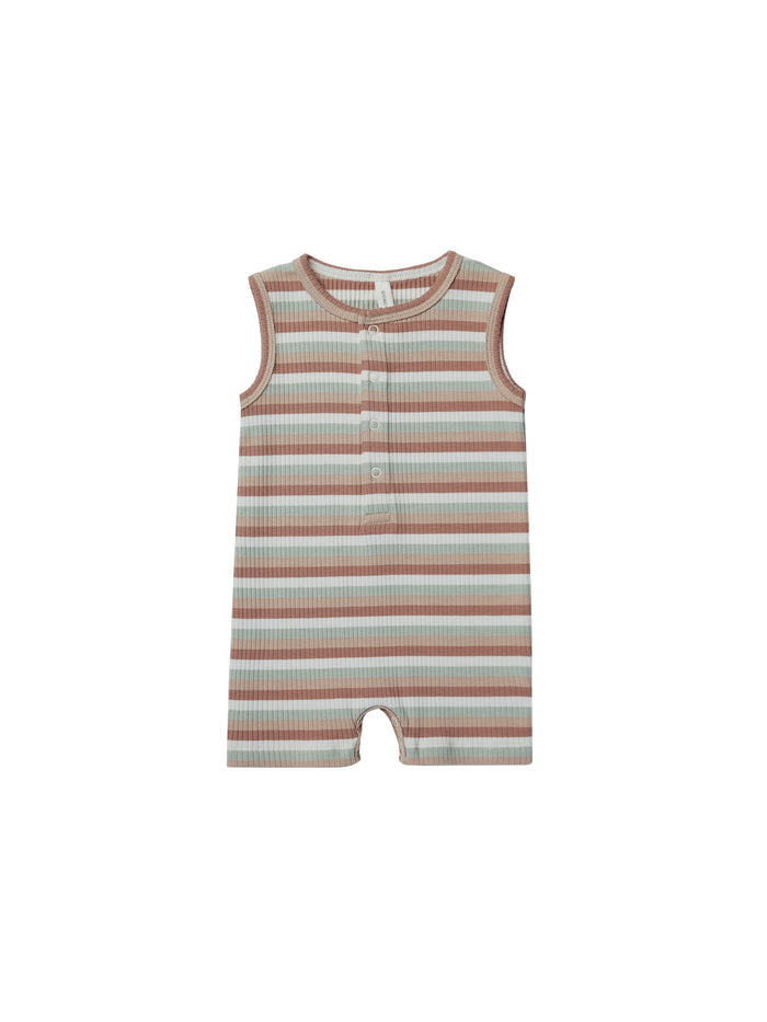 Quincy Mae Ribbed Henley Romper - Summer Stripe