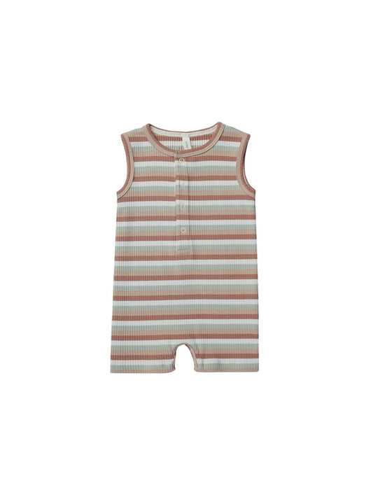 Quincy Mae Ribbed Henley Romper - Summer Stripe