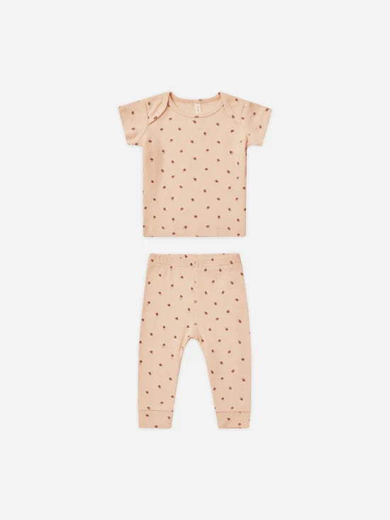 Quincy Mae Ribbed Short Sleeve Tee and Leggings Set - Strawberries