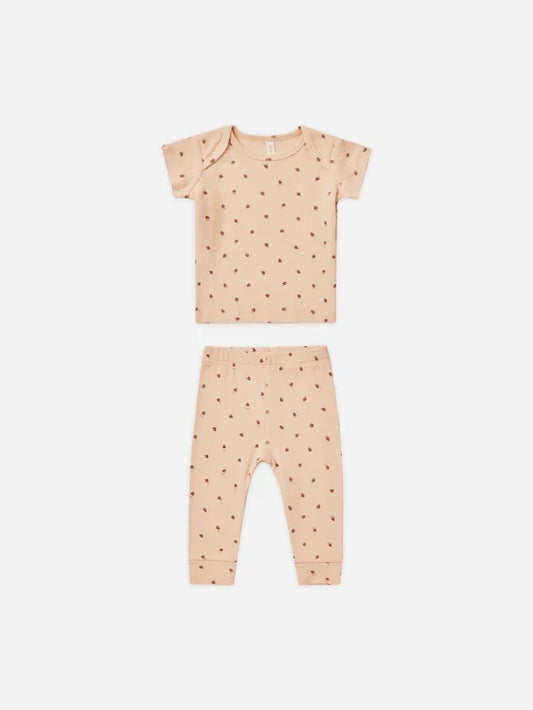 Quincy Mae Ribbed Short Sleeve Tee and Leggings Set - Strawberries
