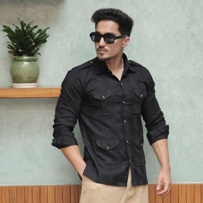 Rajanyas Textured Four-Pocket Hunting Shirt – Black