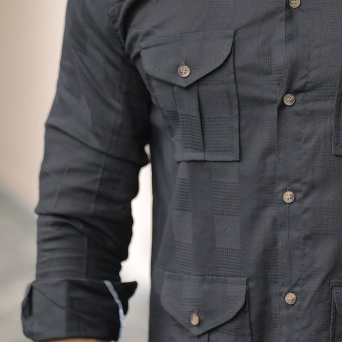 Rajanyas Textured Four-Pocket Hunting Shirt – Black
