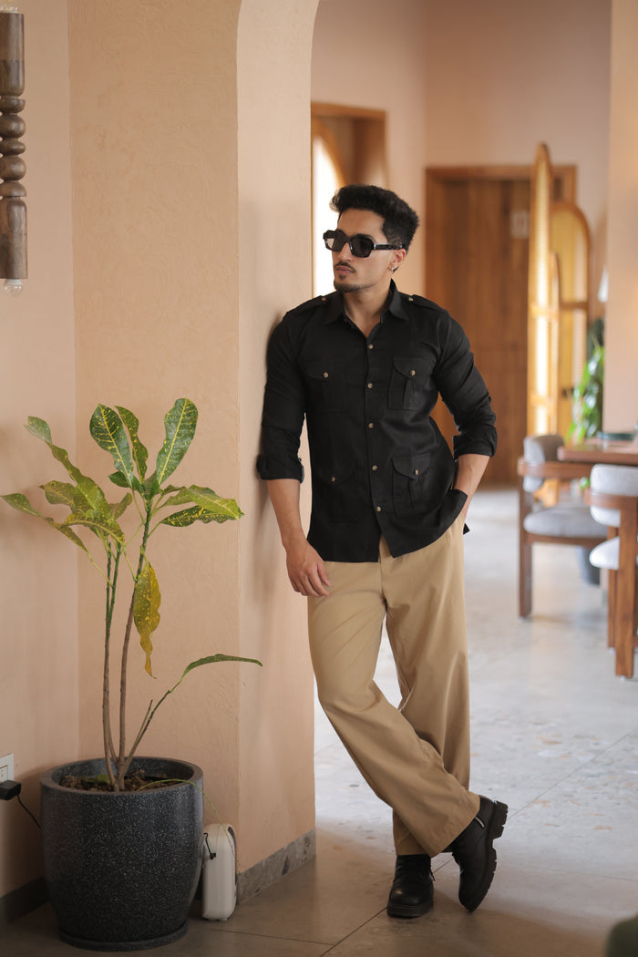 Rajanyas Textured Four-Pocket Hunting Shirt – Black