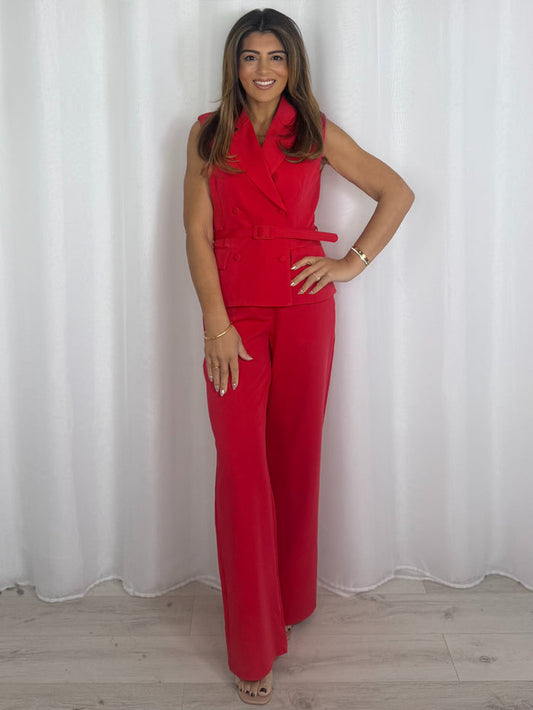 Red Belted Blazer And Trouser Co-Ord