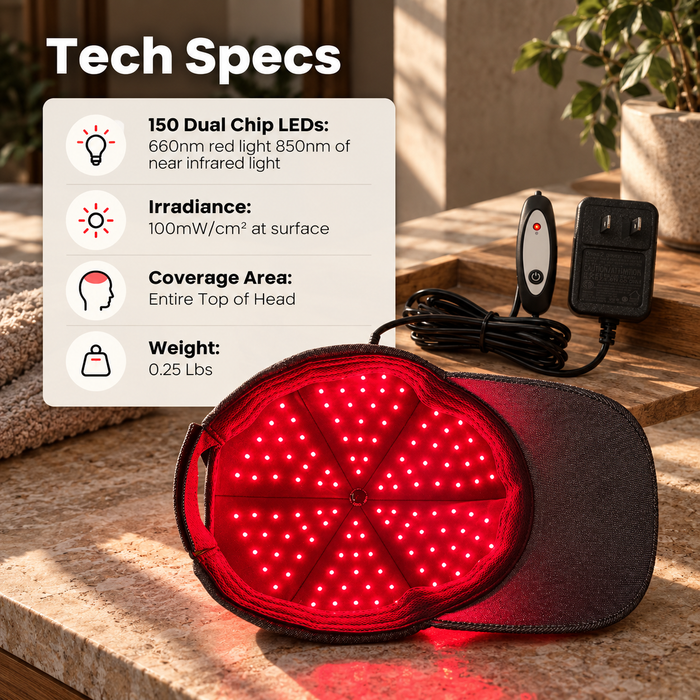 Hooga Hat with illuminated LEDs, controller and adapter; graphic lists 150 dual-chip LEDs, 660nm red and 850nm near-infrared light.
