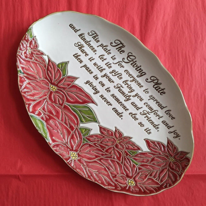 Red Poinsettia Giving Plate Large Serving Platter Christmas Sharing 14" Blue Sky